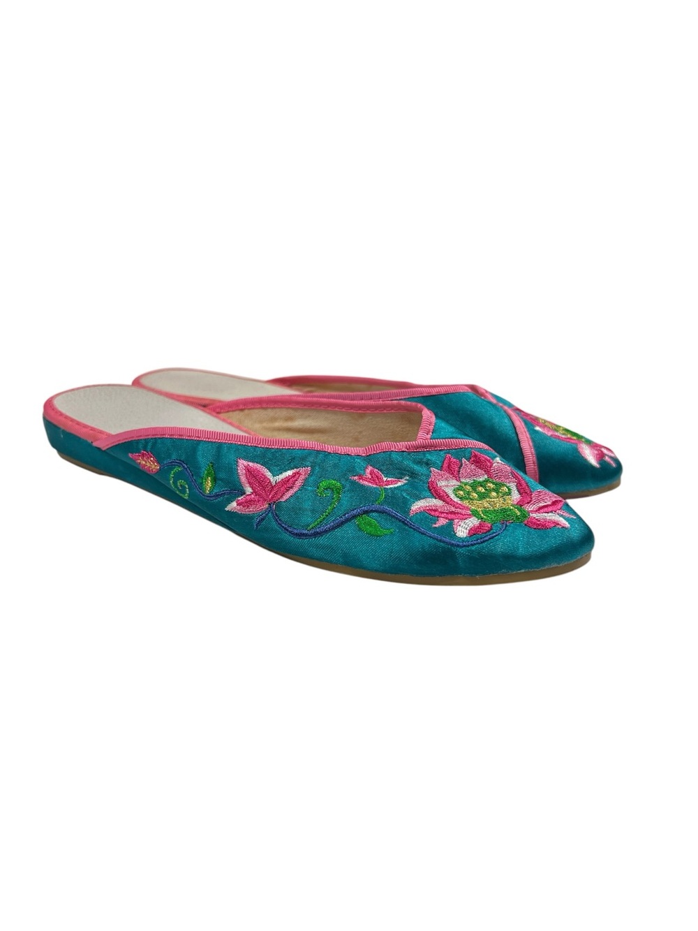 Teal/Pink Satin Traditional Chinese Embroidered
Lotus Slippers Mules Size 39/6.5